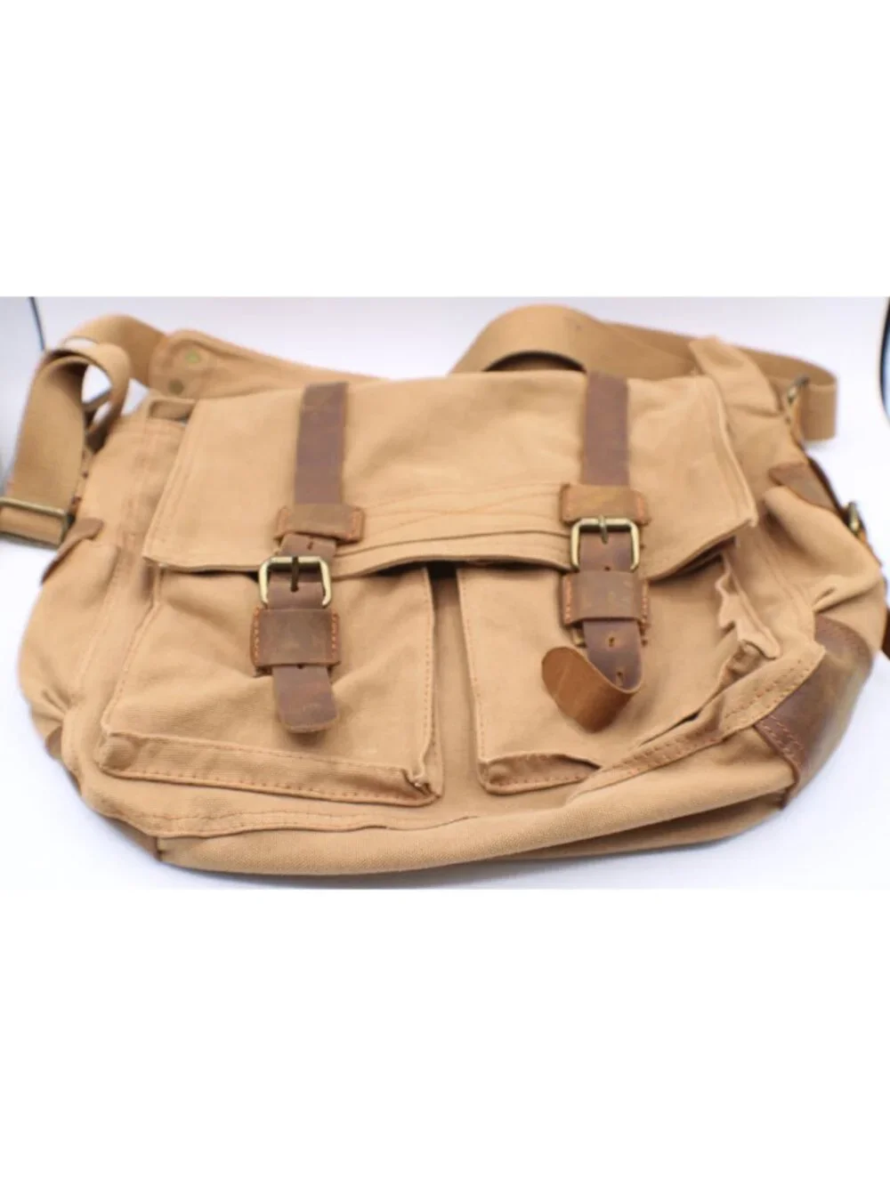 Augur Strauss & Co Canvas Messenger Bag Tan Buckle Flaps Adj Strap Utility Style